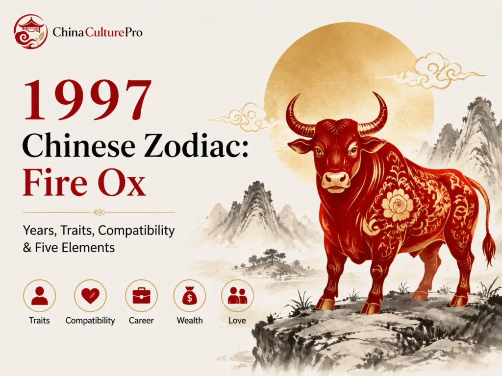 1997 Chinese zodiac Fire Ox infographic cover with red and gold ox illustration, title, and overview of traits, dates, compatibility, career, wealth, and love