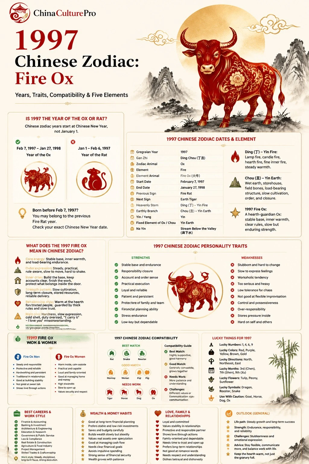 1997 Fire Ox Chinese zodiac detailed infographic poster showing date range, Five Elements (Ding Chou Fire Ox), personality traits, compatibility chart, lucky signs 1997 Fire Ox Chinese zodiac detailed infographic poster showing date range, Five Elements (Ding Chou Fire Ox), personality traits, compatibility chart, lucky signs