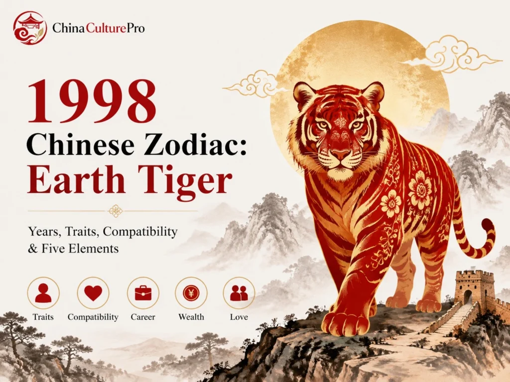 1998 Chinese zodiac Earth Tiger cover image featuring red and gold tiger illustration, zodiac title, and overview of personality traits, compatibility, career, wealth, and love