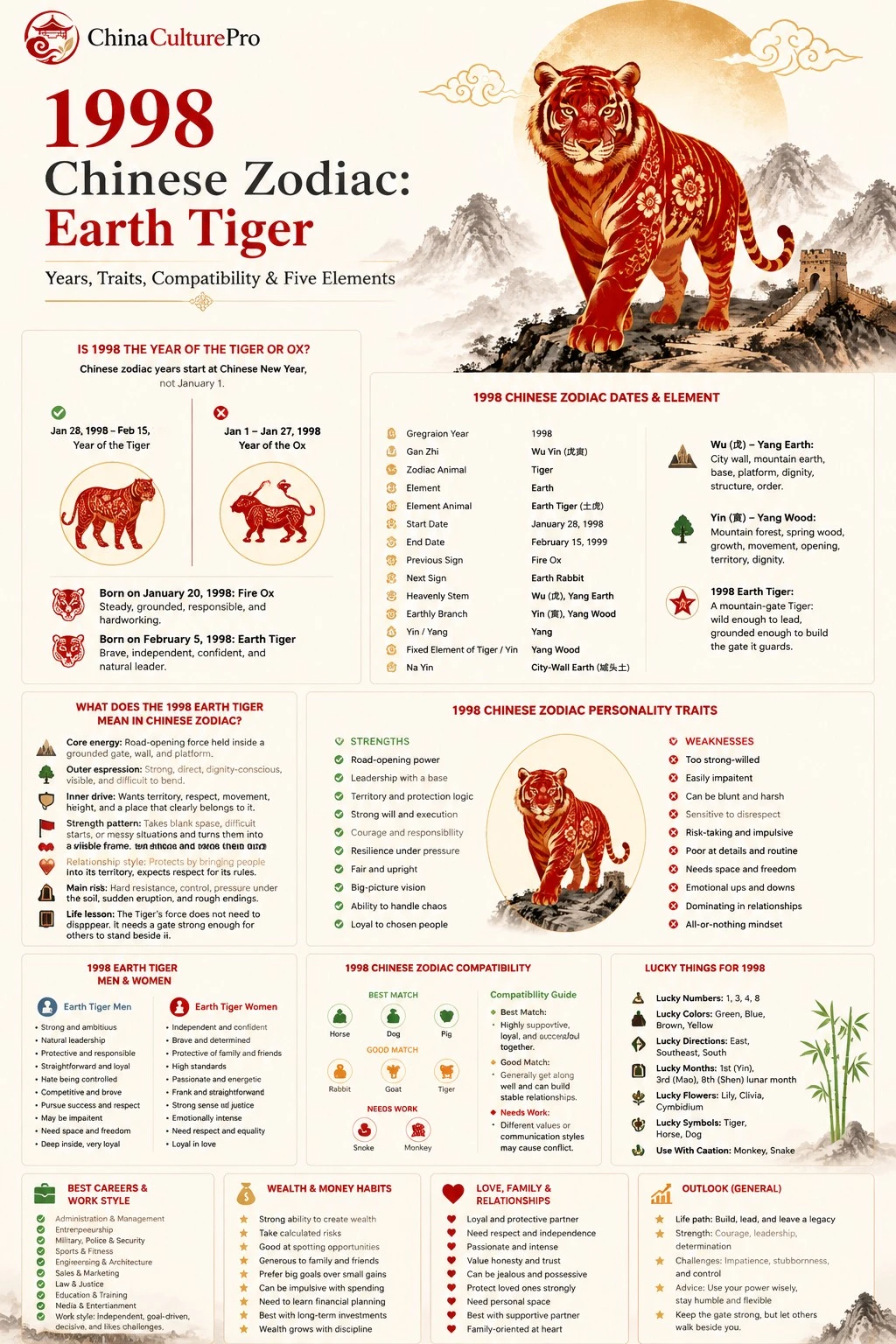 1998 Earth Tiger Chinese zodiac infographic poster showing full breakdown of date range, Five Elements (Earth Tiger), personality traits 1998 Earth Tiger Chinese zodiac infographic poster showing full breakdown of date range, Five Elements (Earth Tiger), personality traits