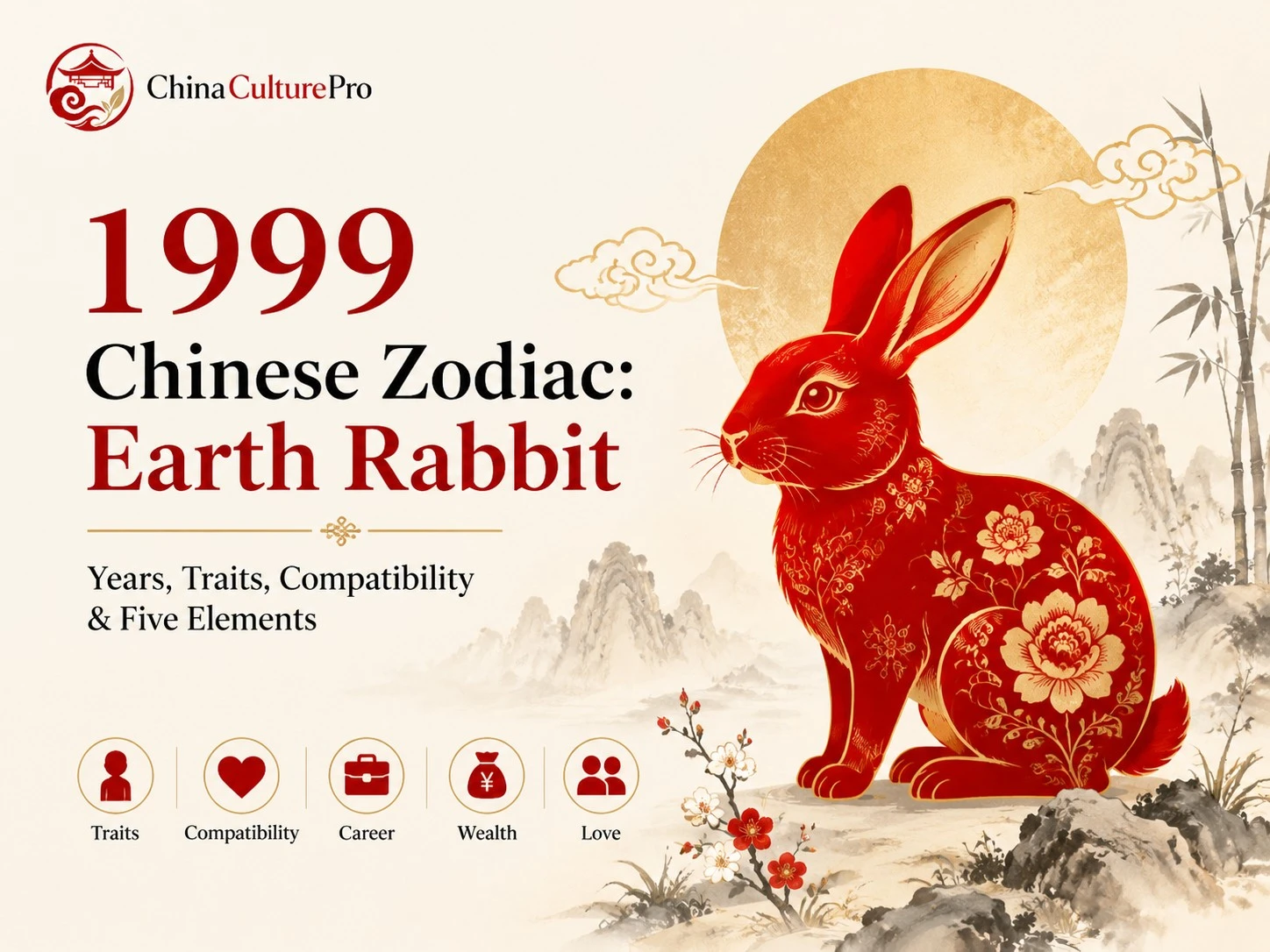 1999 Chinese Zodiac Earth Rabbit infographic cover featuring red and gold rabbit illustration, title, and overview of traits, compatibility, career, wealth, and love
