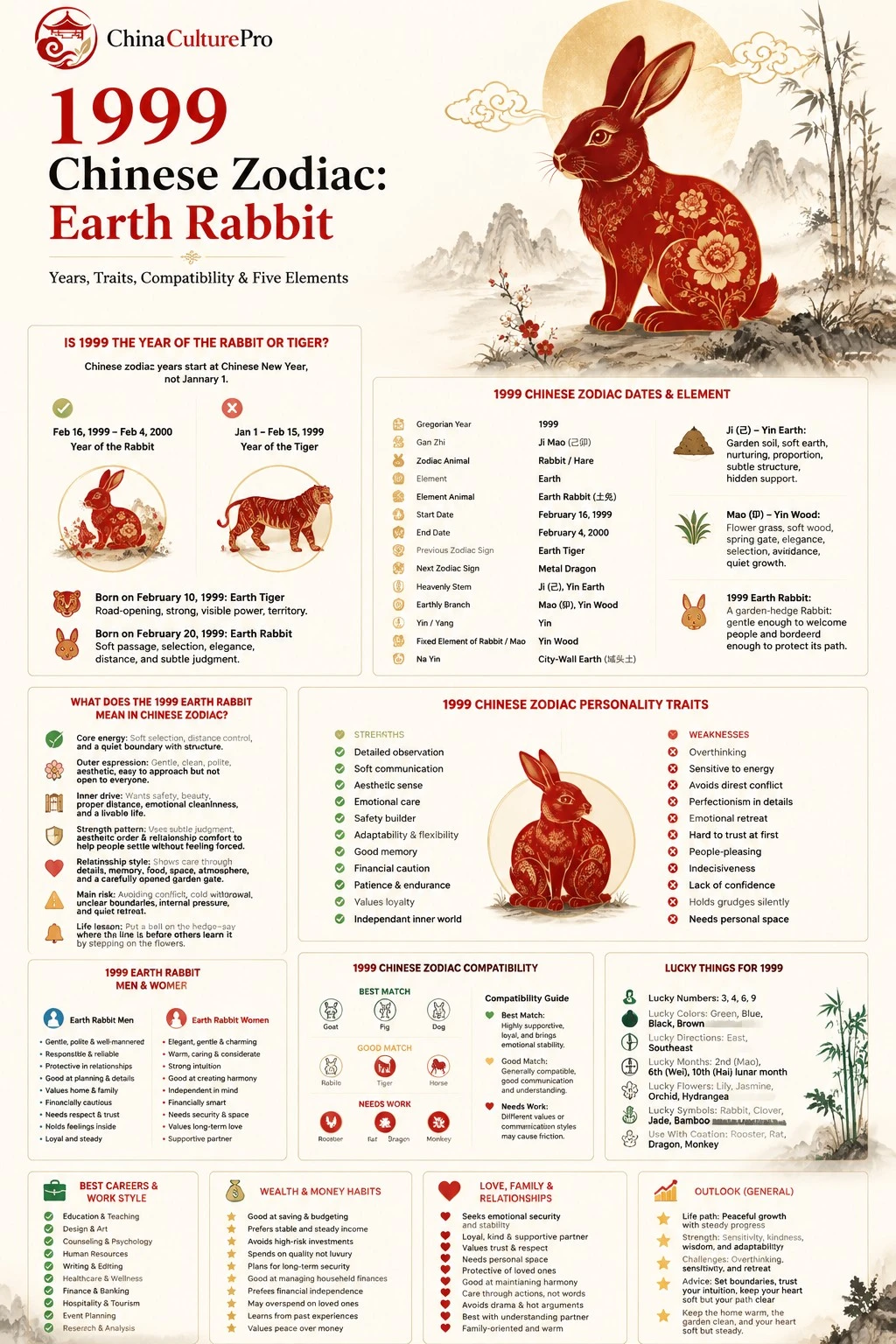 1999 Earth Rabbit Chinese zodiac infographic poster showing full details of date range, Five Elements (Earth Rabbit), personality traits