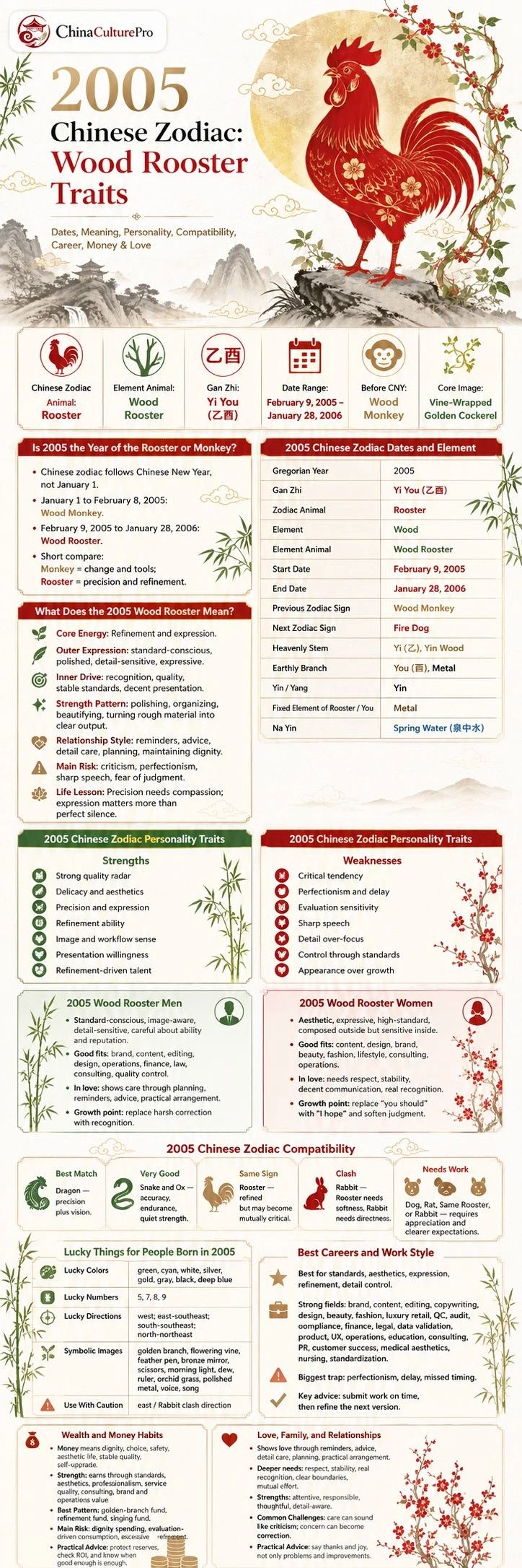 2005 Wood Rooster Chinese Zodiac traits infographic guide chart 2005 Wood Rooster Chinese Zodiac traits infographic guide chart