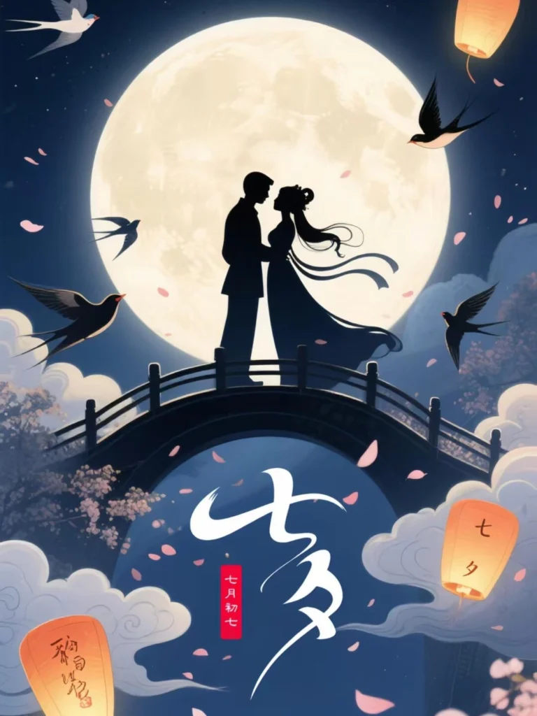 Chinese Qixi Festival illustration showing romantic traditional culture with lanterns, moonlight, and poetic atmosphere