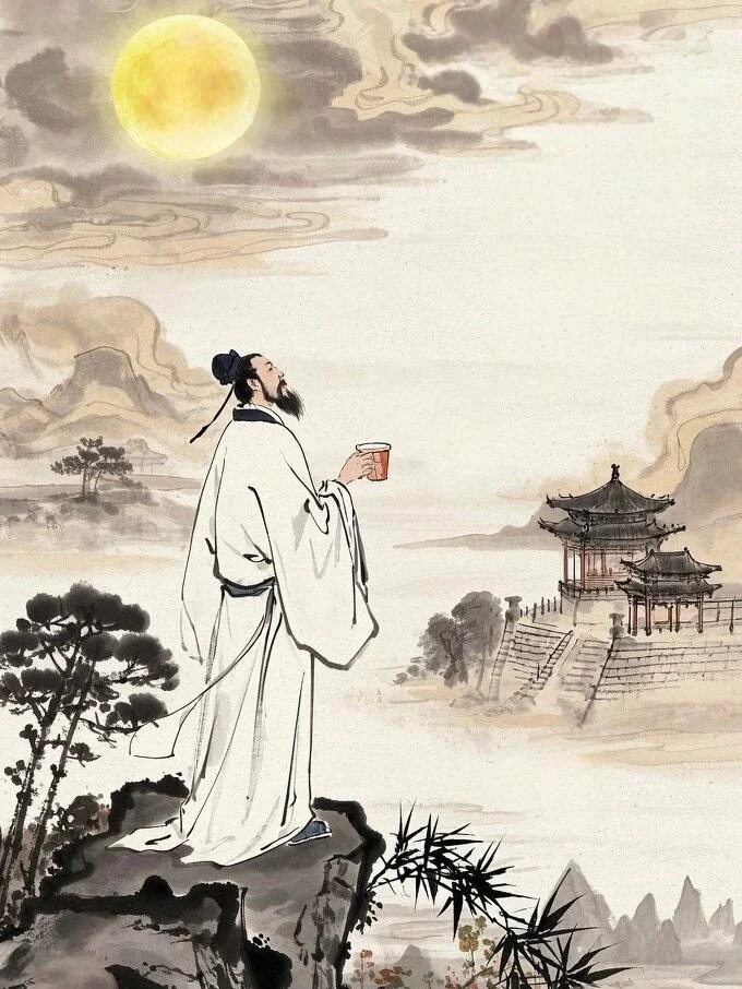 Chinese poetry illustration ink wash style landscape moon and scholar