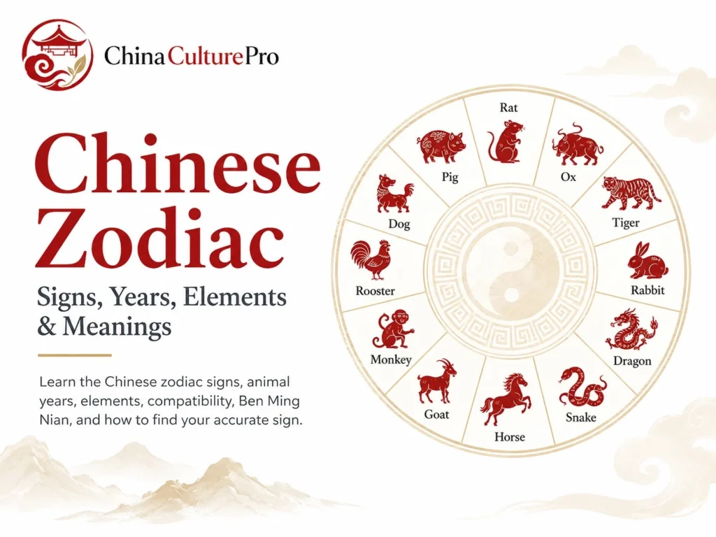 Chinese zodiac guide cover with zodiac wheel, 12 animals, signs, years, elements, and meanings