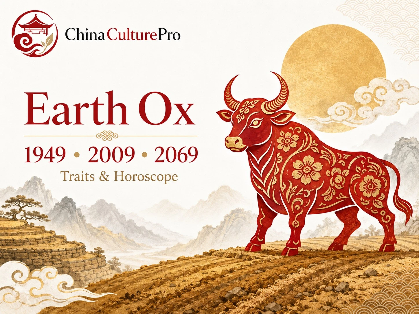 Earth Ox zodiac cover with red gold ox golden moon terraced field and China Culture Pro logo