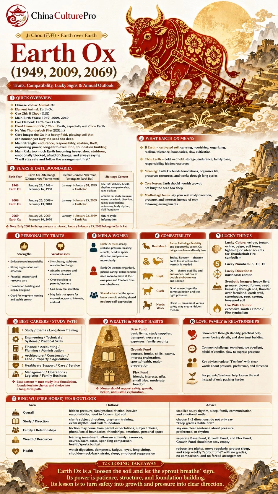 Earth Ox zodiac infographic covering years traits compatibility lucky signs study path money family and annual outlook Earth Ox zodiac infographic covering years traits compatibility lucky signs study path money family and annual outlook