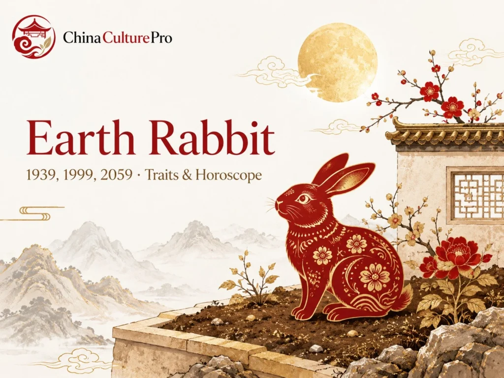 Earth Rabbit zodiac traits with red paper cut rabbit, golden moon, courtyard wall and Chinese landscape