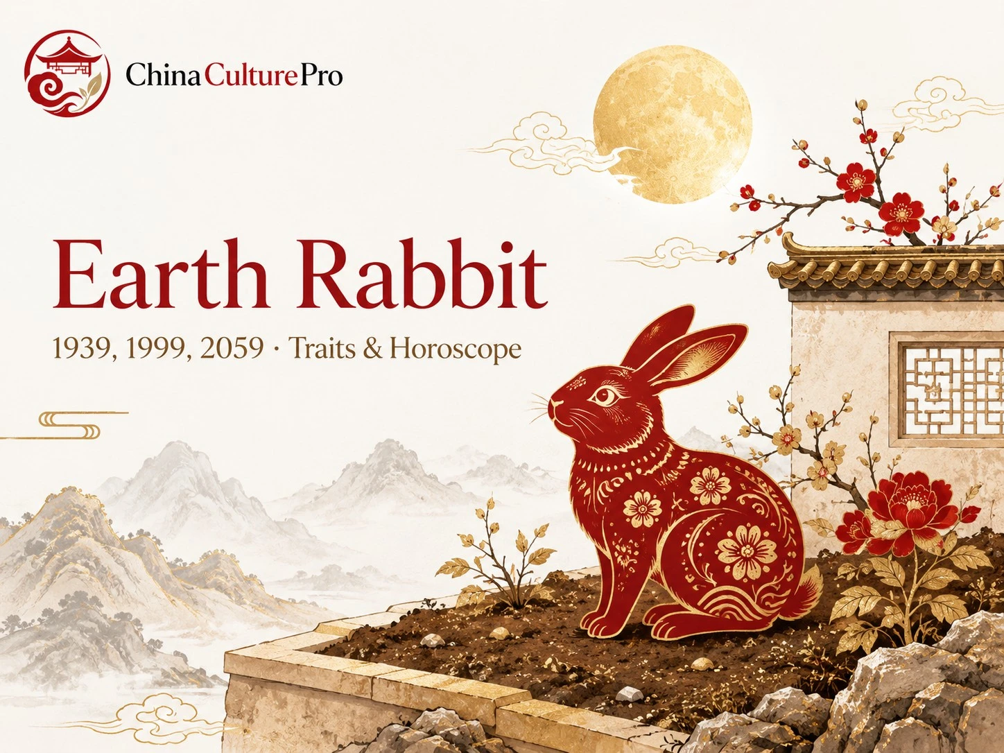 Earth Rabbit zodiac traits with red paper cut rabbit, golden moon, courtyard wall and Chinese landscape