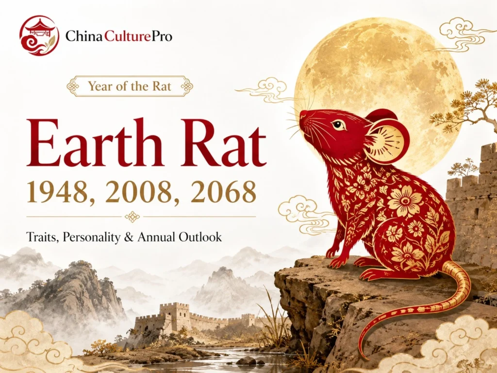 Earth Rat zodiac cover with red gold rat golden moon earthen wall and China Culture Pro logo