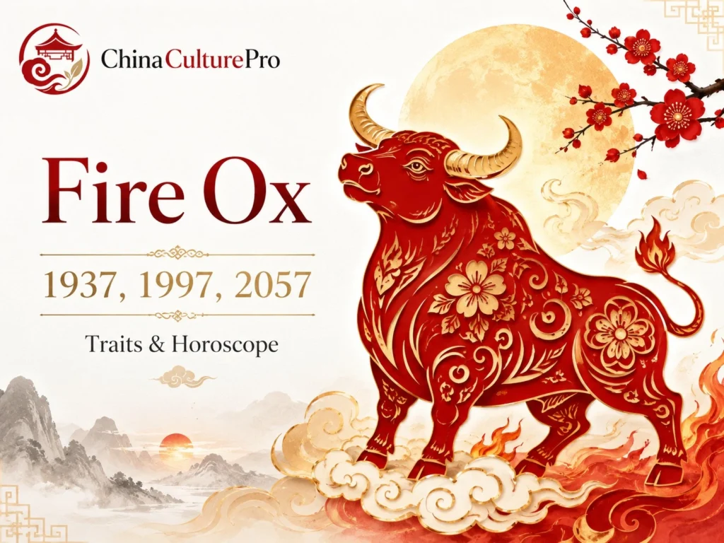 Fire Ox zodiac cover with red gold ox golden moon flames and China Culture Pro logo