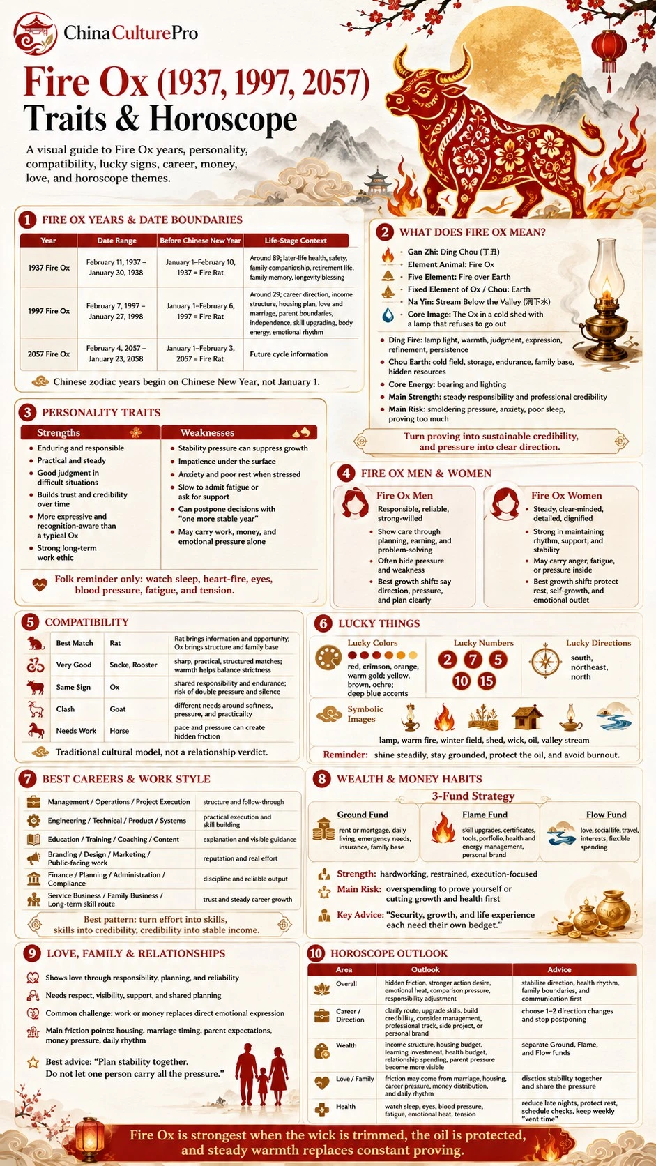 Fire Ox zodiac infographic covering years traits compatibility lucky signs career money love and horoscope outlook Fire Ox zodiac infographic covering years traits compatibility lucky signs career money love and horoscope outlook