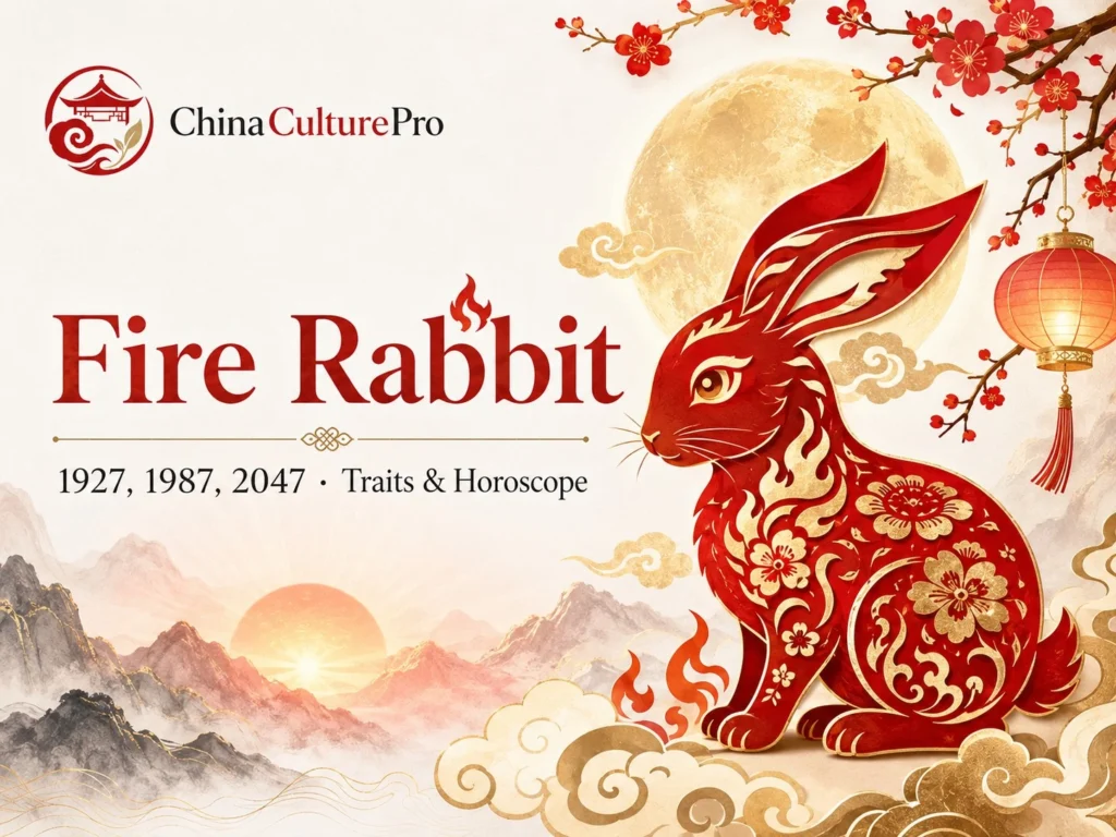 Fire Rabbit zodiac cover with red gold rabbit lantern moon plum blossoms and China Culture Pro logo