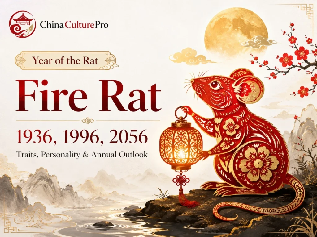 Fire Rat zodiac cover with red gold rat lantern moon stream and China Culture Pro logo