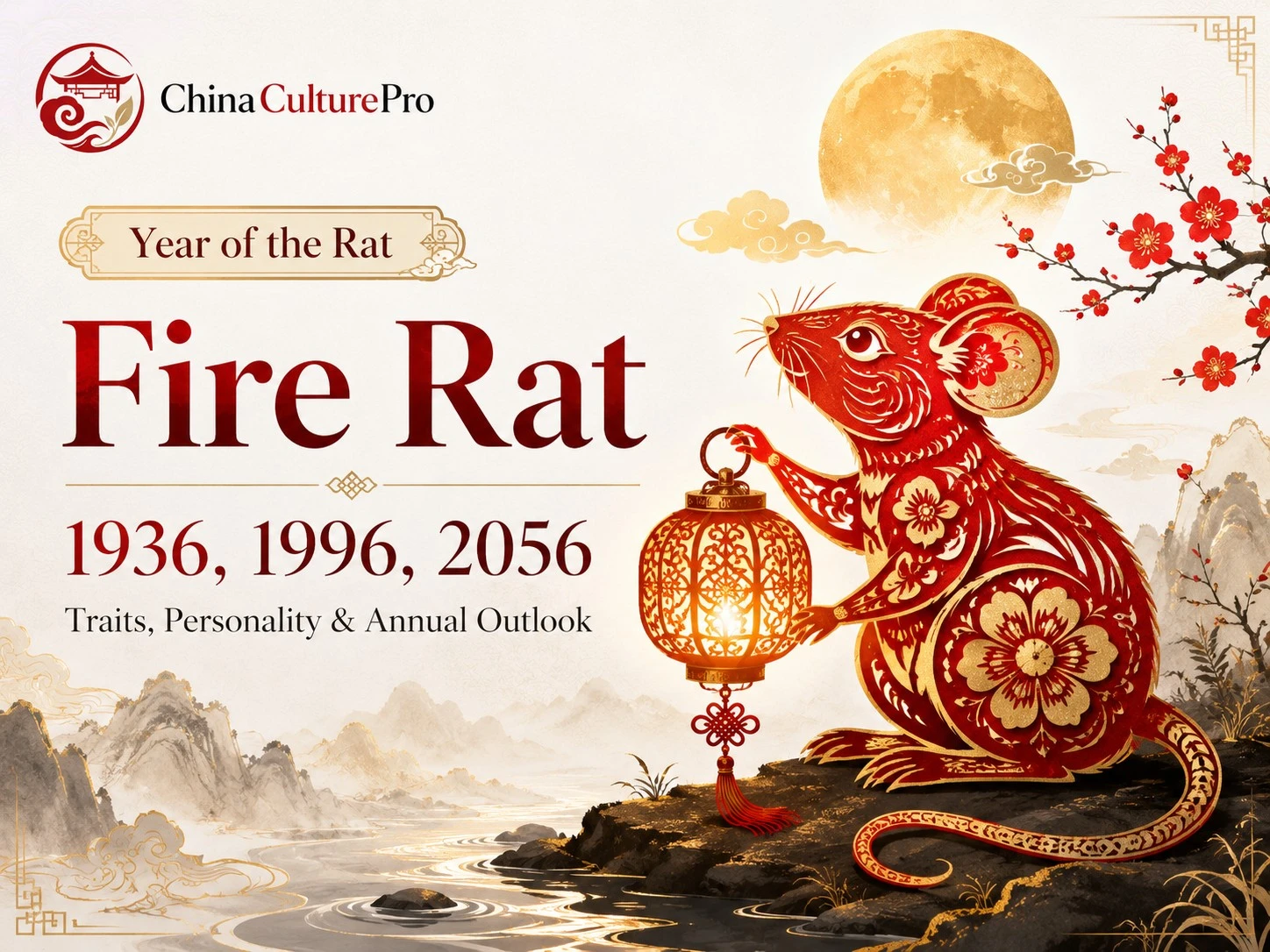 Fire Rat zodiac cover with red gold rat lantern moon stream and China Culture Pro logo