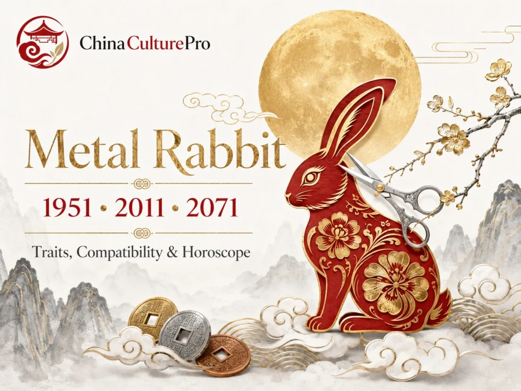 Metal Rabbit zodiac cover with red gold rabbit silver scissors moon and China Culture Pro logo