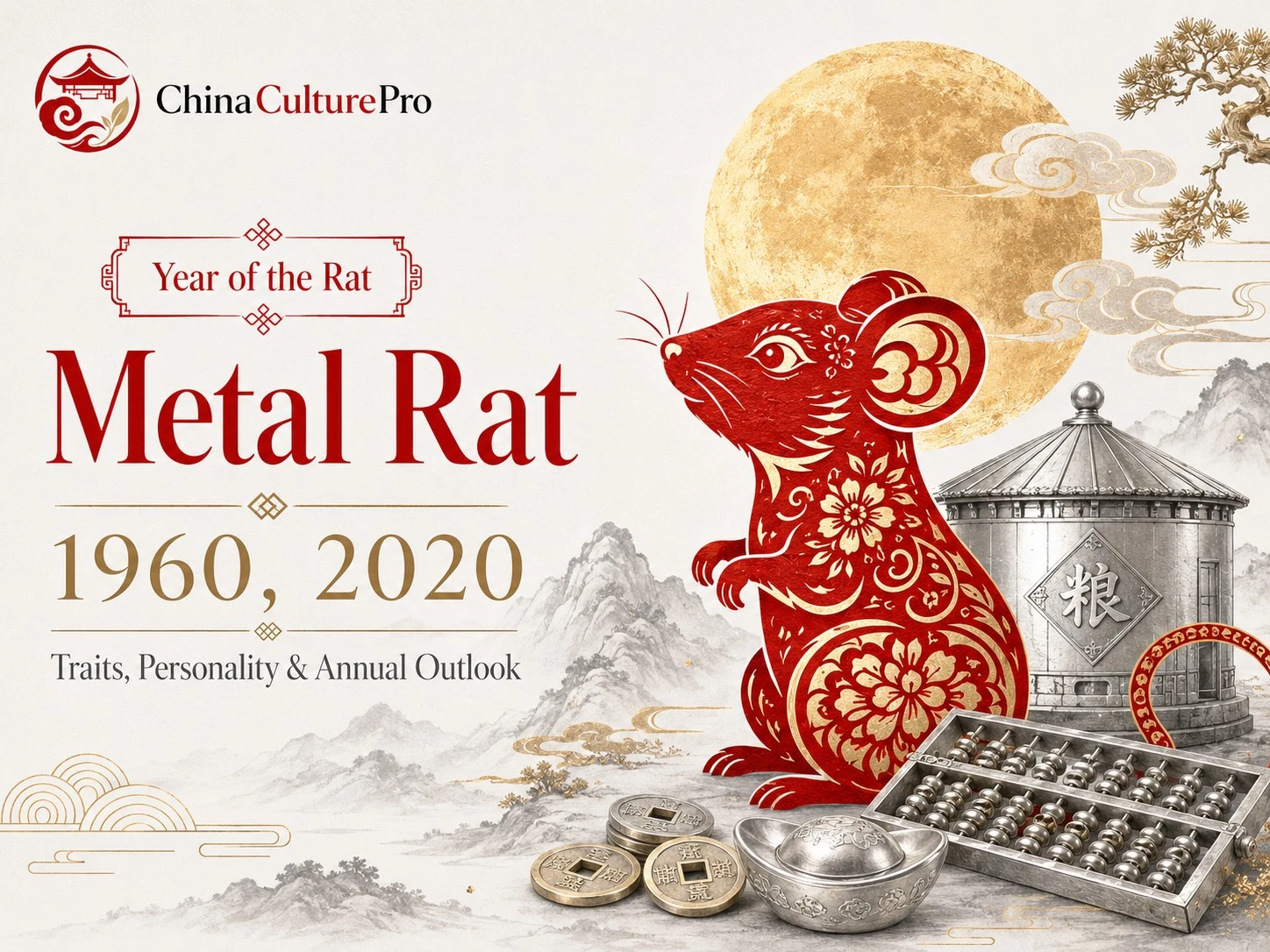 Metal Rat zodiac cover with red gold rat moonlit granary abacus and China Culture Pro logo