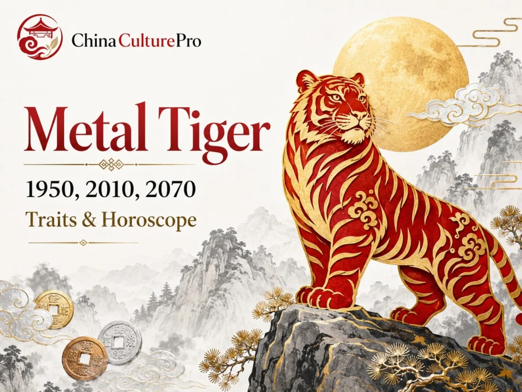 Metal Tiger Chinese zodiac cover with red paper cut tiger, golden moon, pine forest and blade accents