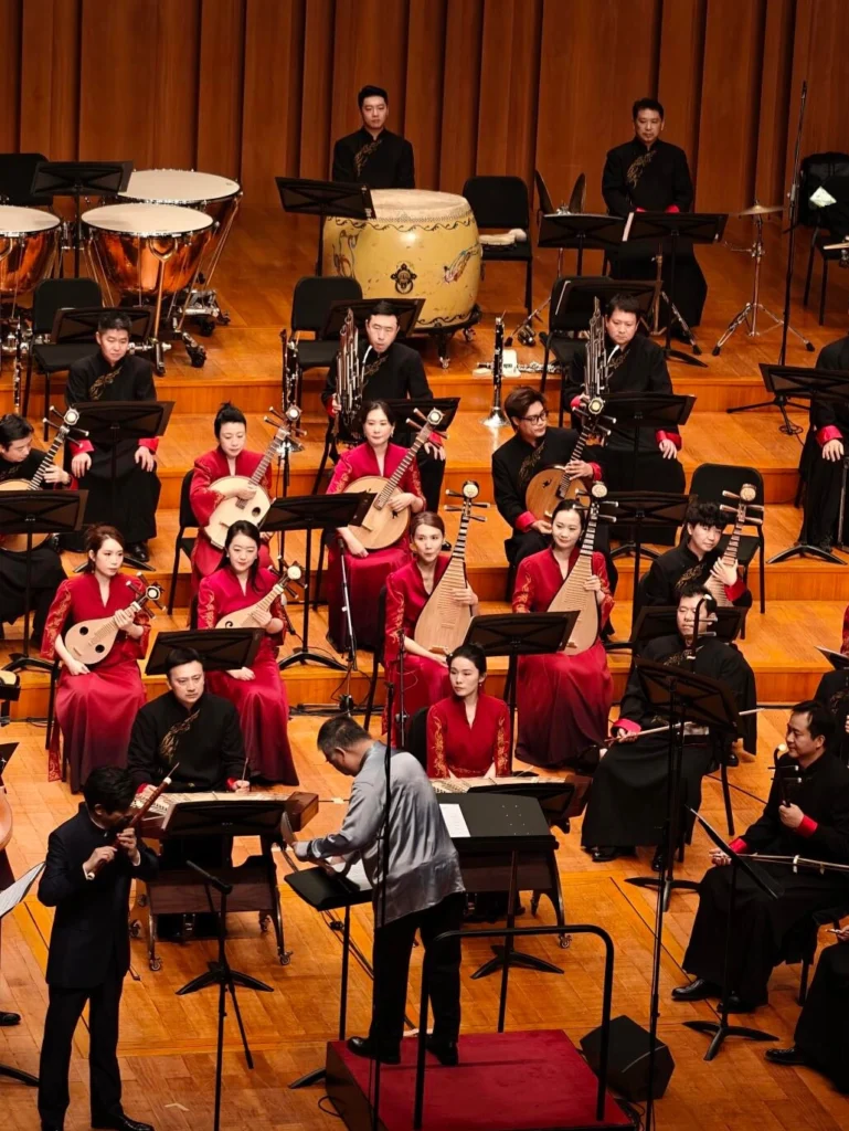Traditional Chinese orchestra concert with pipa erhu guzheng performance stage