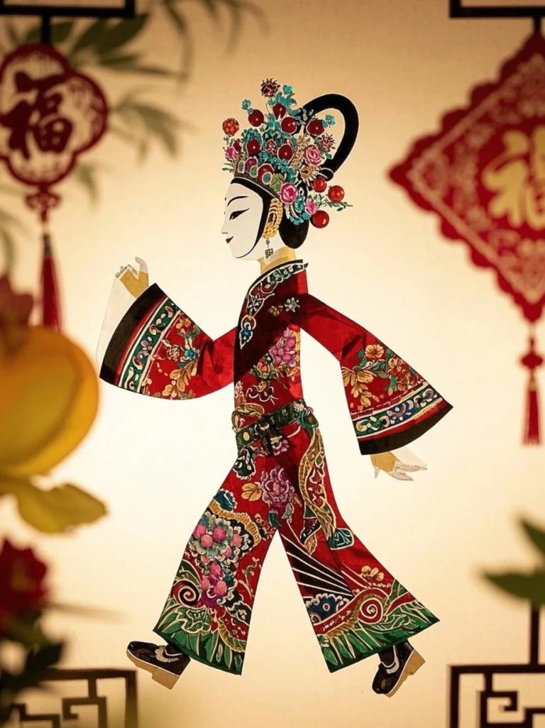 Traditional Chinese shadow puppetry figure with ornate costume and dramatic stage performance styling