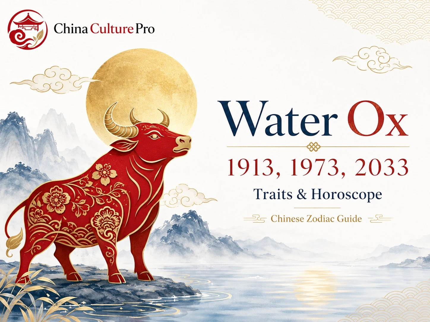 Water Ox zodiac cover with red gold ox moonlit river mountains and China Culture Pro logo