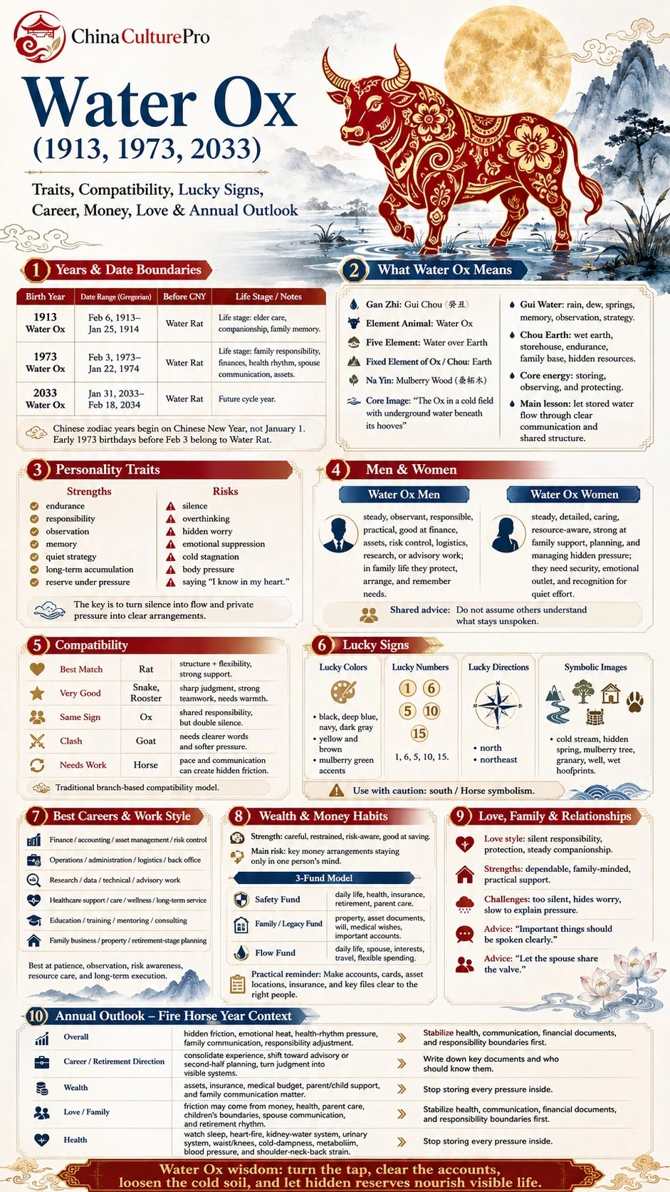 Water Ox zodiac infographic covering years traits compatibility lucky signs career money love and annual outlook Water Ox zodiac infographic covering years traits compatibility lucky signs career money love and annual outlook