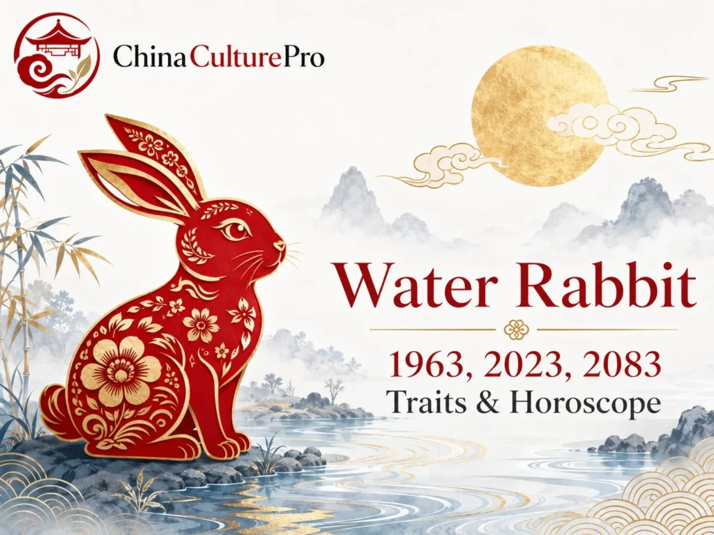 Water Rabbit zodiac cover with red gold rabbit moonlit stream bamboo and China Culture Pro logo