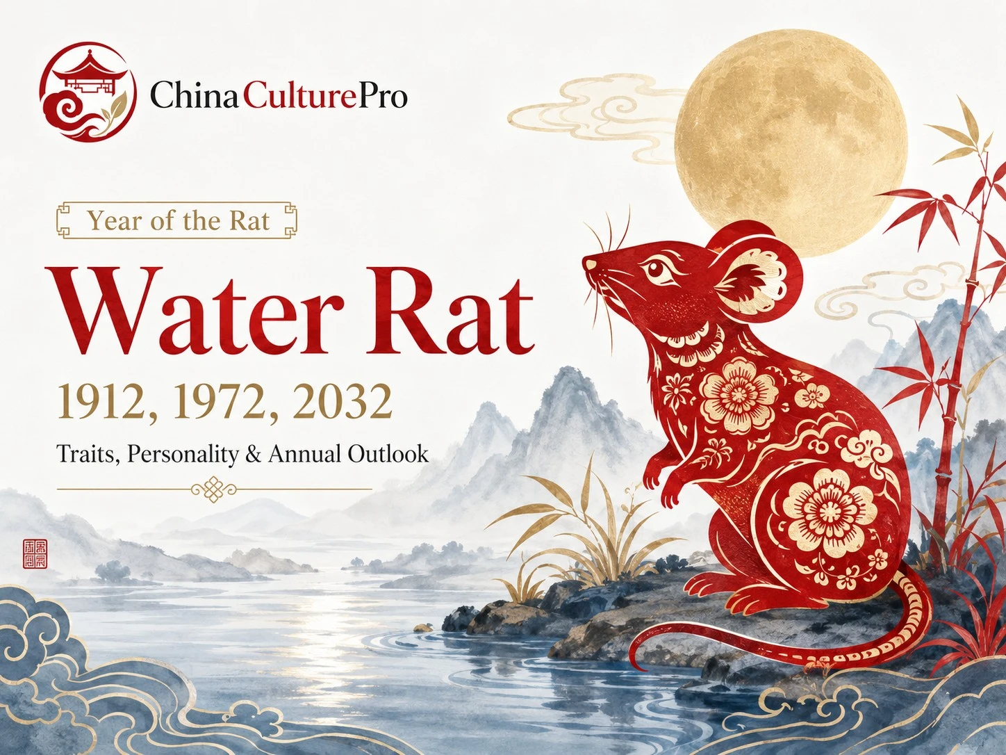 Water Rat zodiac cover with red gold rat moonlit river mountains and China Culture Pro logo