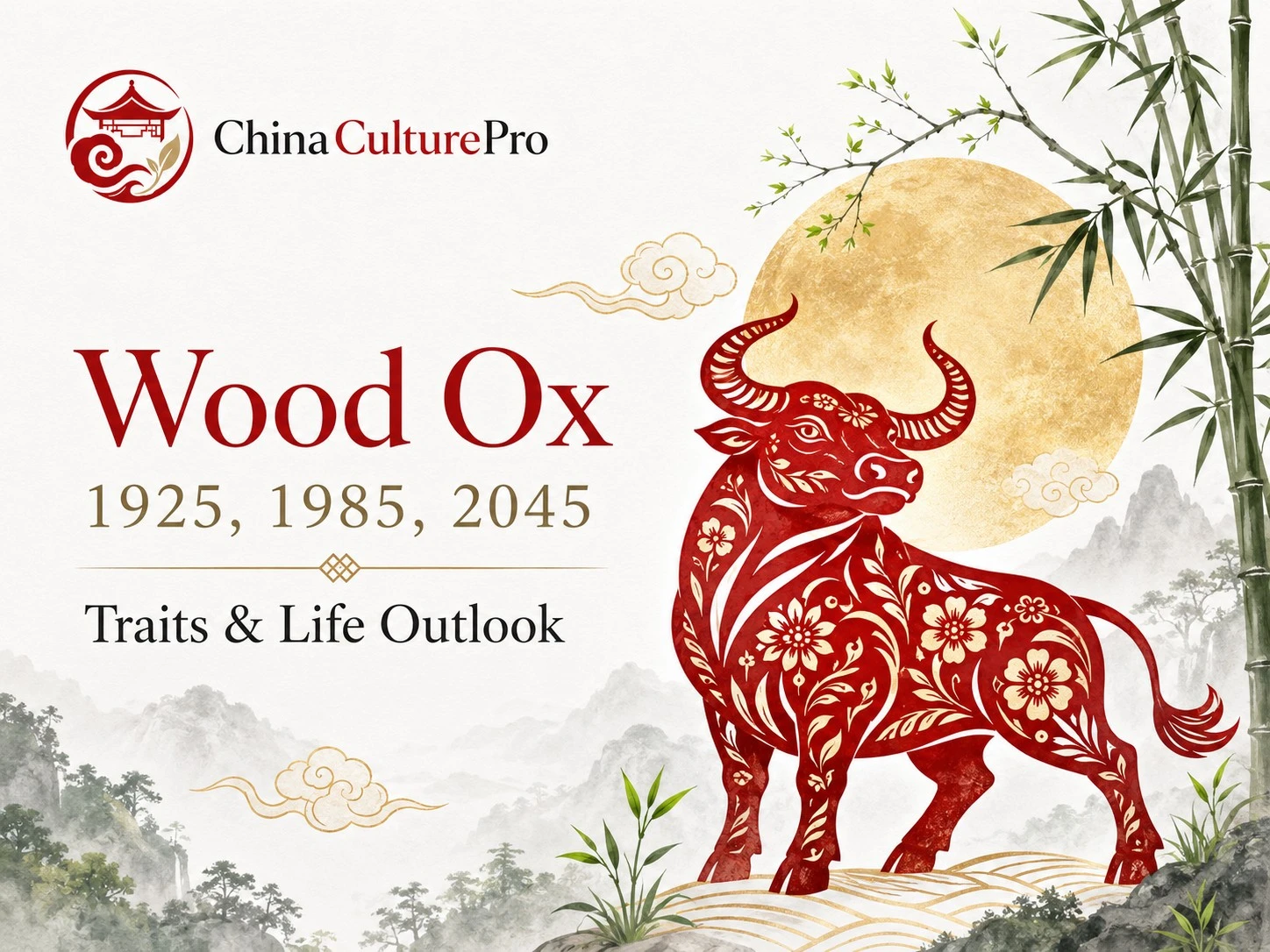 Wood Ox zodiac cover with red gold ox bamboo golden moon and China Culture Pro logo