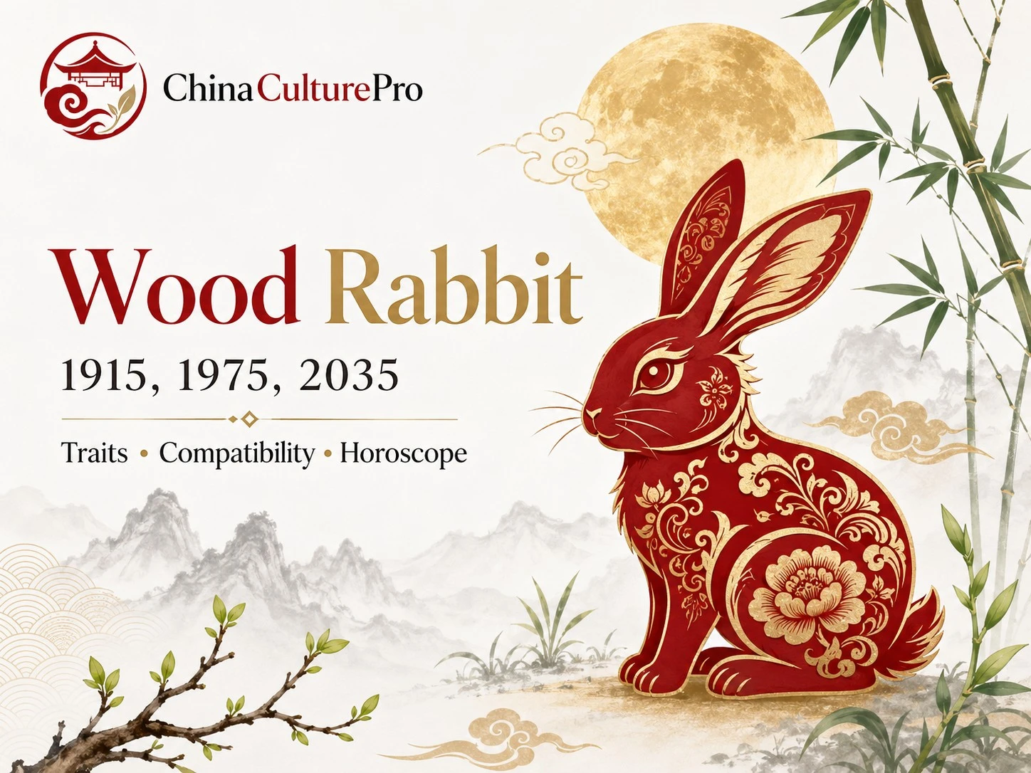 Wood Rabbit zodiac cover with red gold rabbit bamboo moon stream and China Culture Pro logo