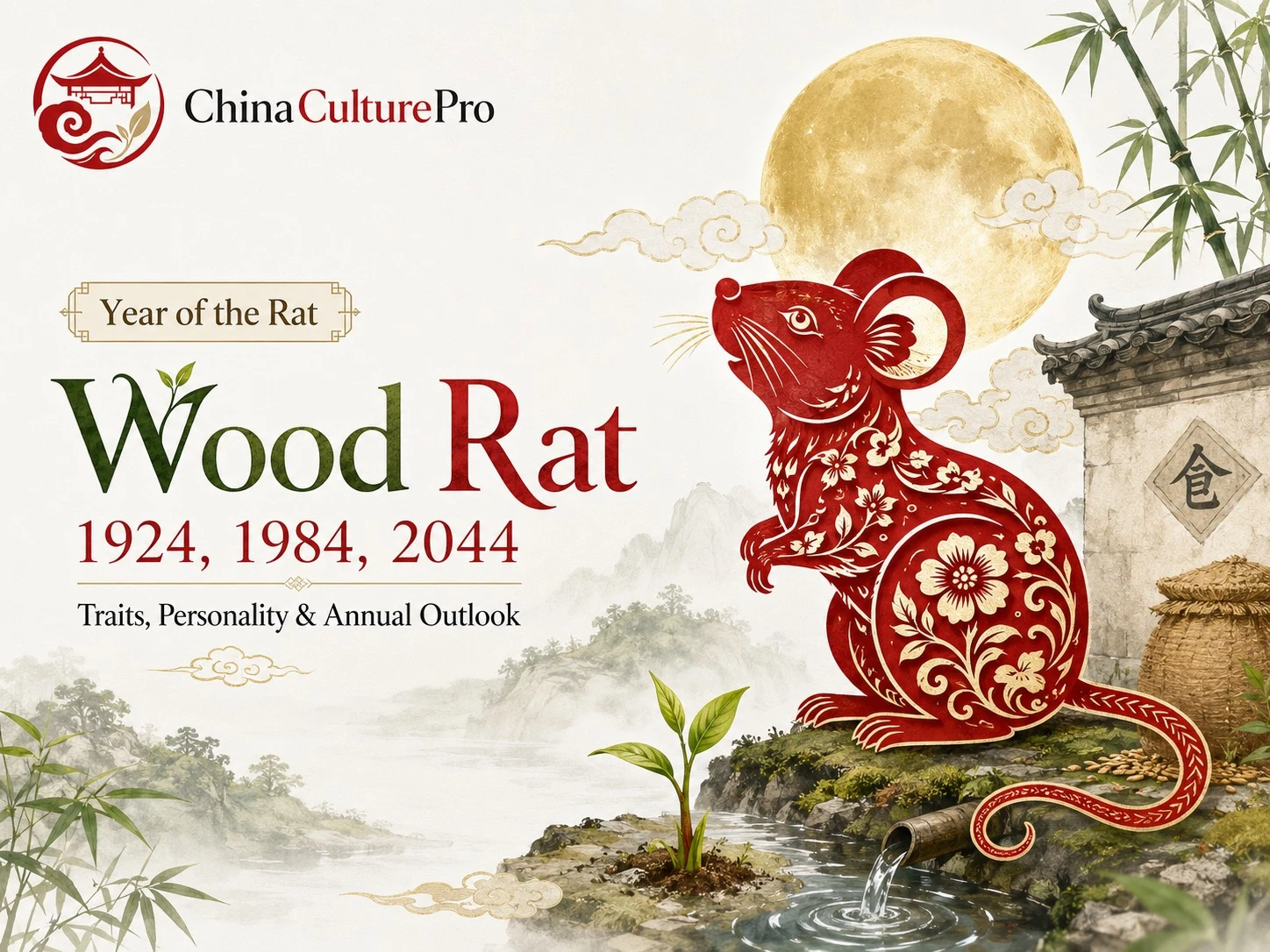 Wood Rat zodiac cover with red gold rat moon bamboo spring shoot and China Culture Pro logo