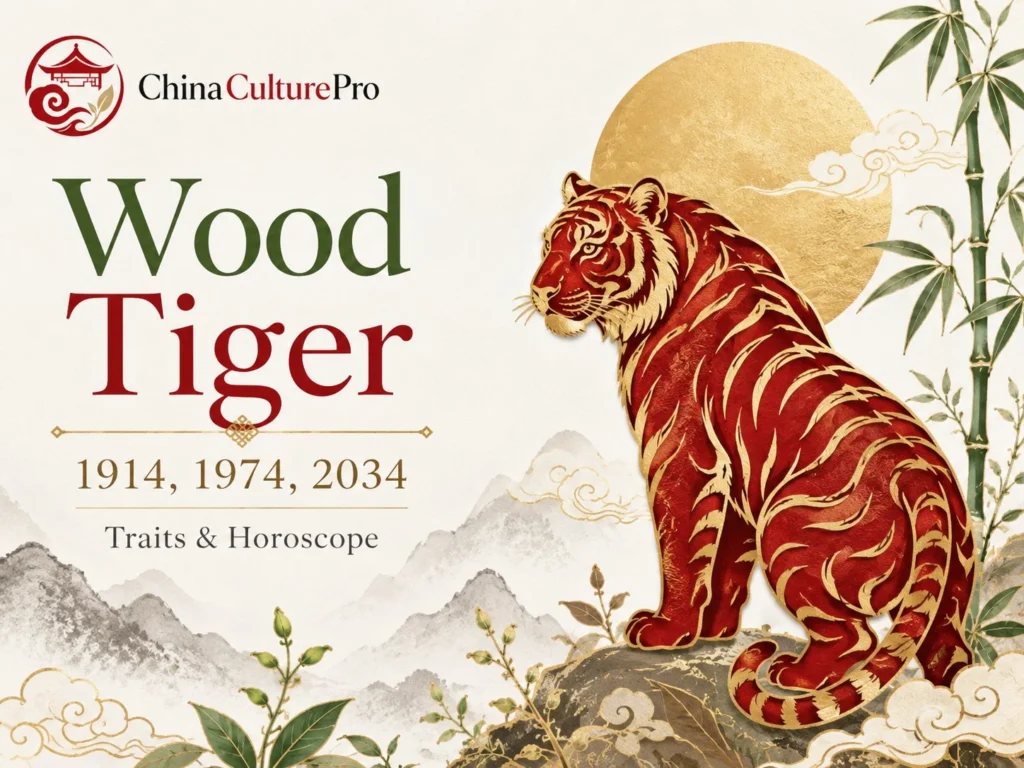 Wood Tiger zodiac traits with red paper cut tiger, golden moon, bamboo, and Chinese landscape