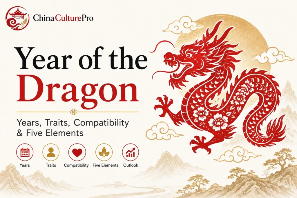 Year of the Dragon Chinese zodiac cover with red paper cut dragon, years, traits, compatibility, and Five Elements