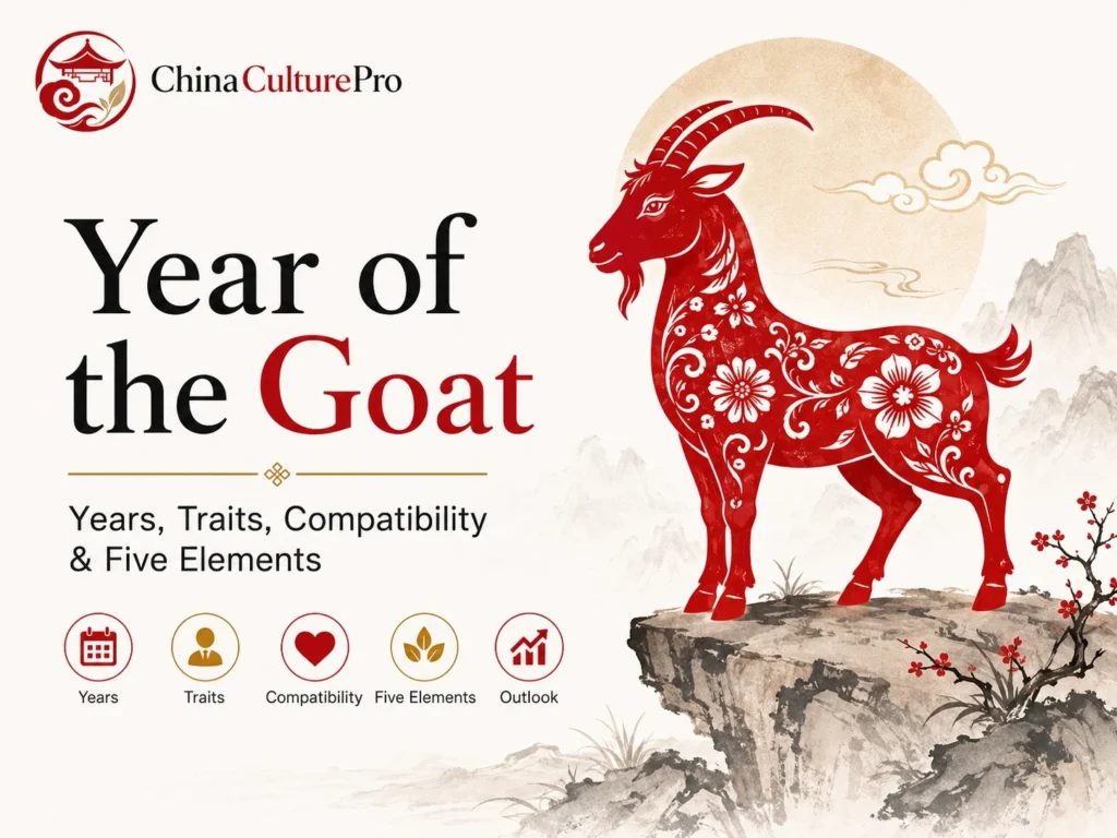 Year of the Goat Chinese zodiac cover with red paper cut goat, years, traits, compatibility, and Five Elements