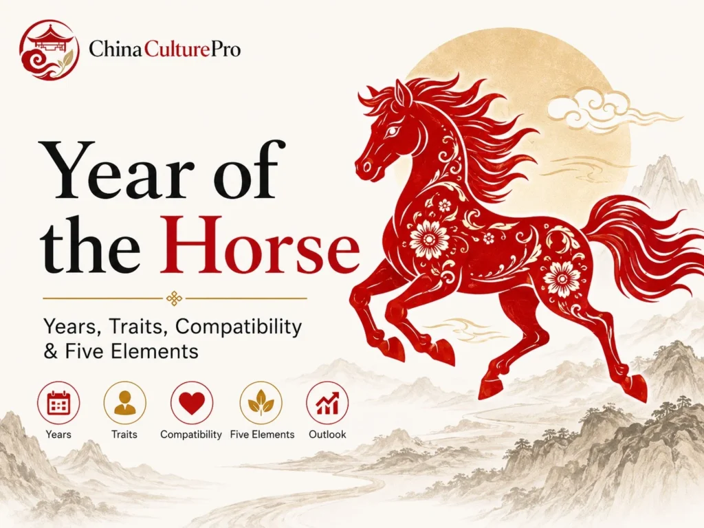 Year of the Horse Chinese zodiac cover with red paper cut horse, years, traits, compatibility, and Five Elements