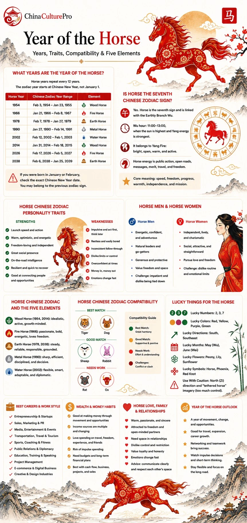 Year of the Horse infographic showing Horse years, personality traits, Five Elements, compatibility, lucky signs, careers, wealth, and relationships