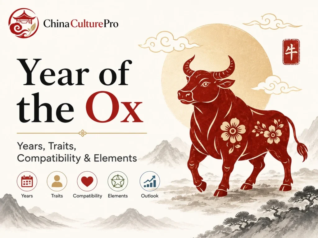 Year of the Ox Chinese zodiac cover with ox symbol, years, personality traits, compatibility, and Five Elements