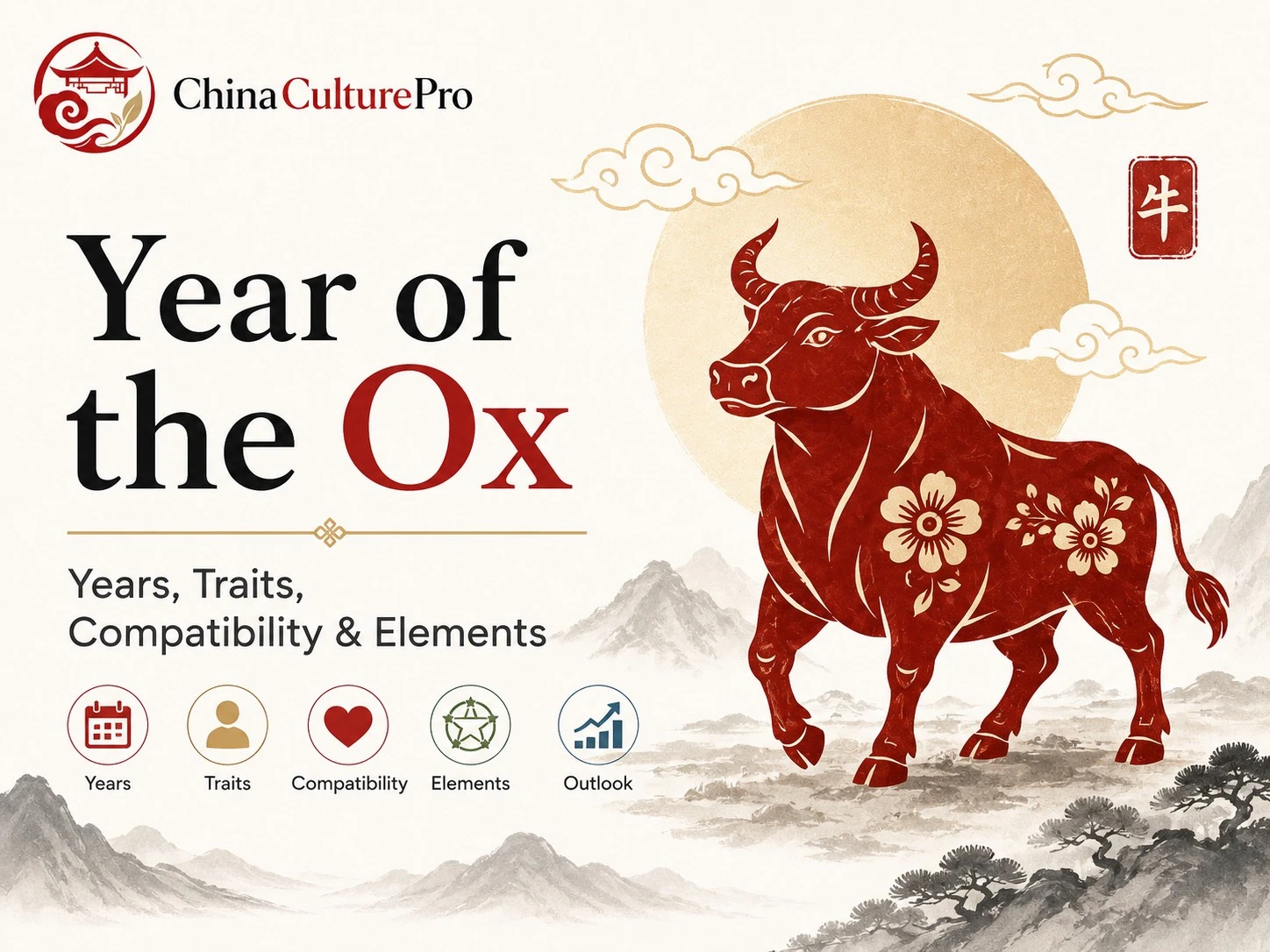 Year of the Ox Chinese zodiac cover with ox symbol, years, personality traits, compatibility, and Five Elements