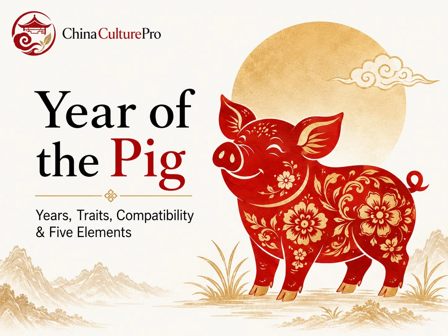 Year of the Pig Chinese zodiac cover with red and gold paper cut pig, years, traits, compatibility, and Five Elements