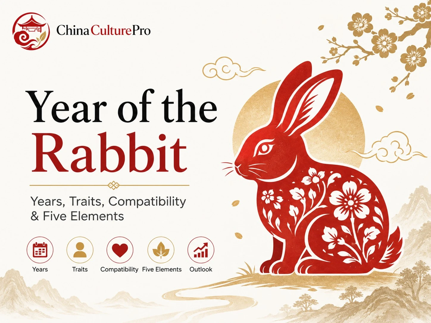 Year of the Rabbit Chinese zodiac cover with red paper cut rabbit, years, traits, compatibility, and Five Elements