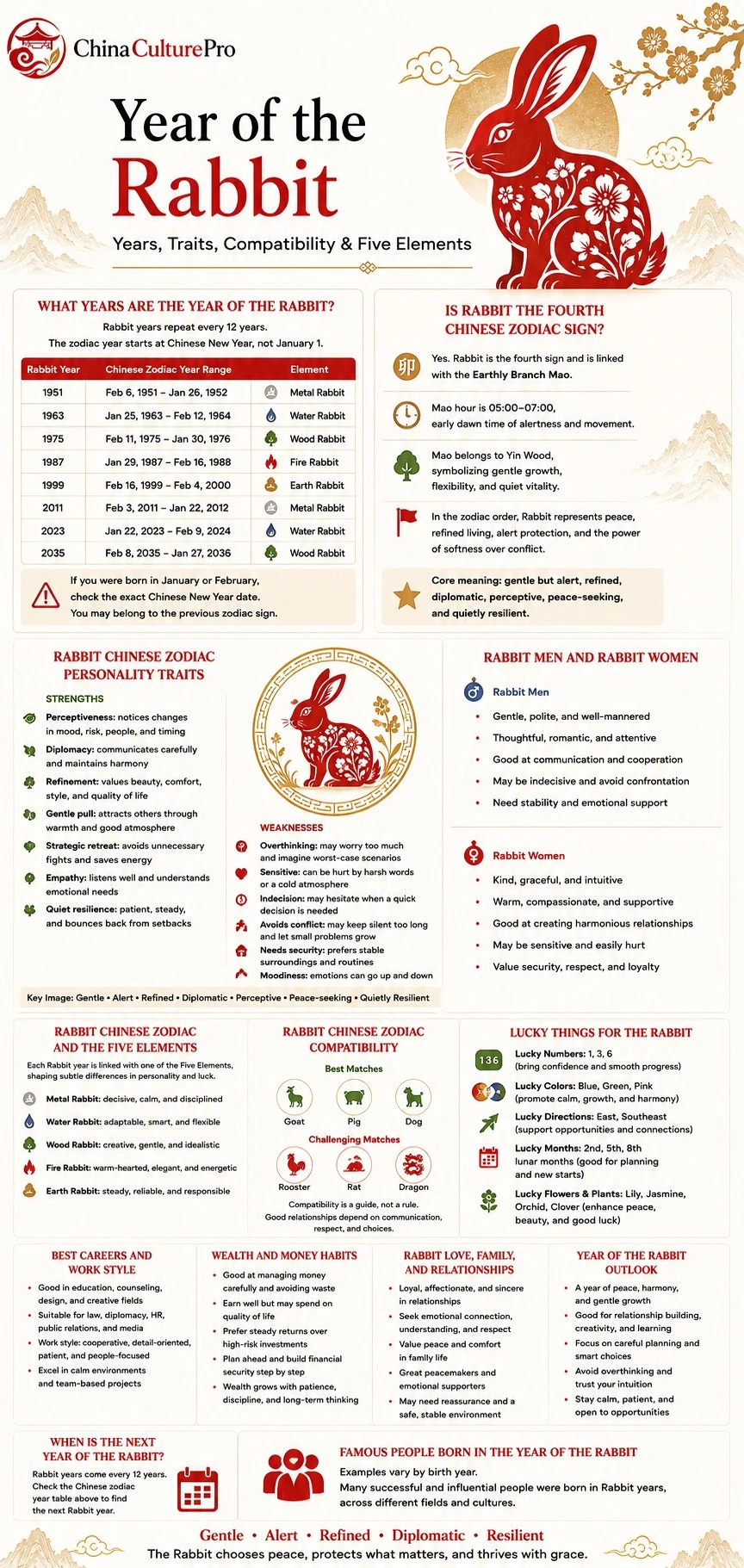 Year of the Rabbit infographic showing Rabbit years, personality traits, Five Elements, compatibility, lucky signs, careers, wealth, and relationships Year of the Rabbit infographic showing Rabbit years, personality traits, Five Elements, compatibility, lucky signs, careers, wealth, and relationships