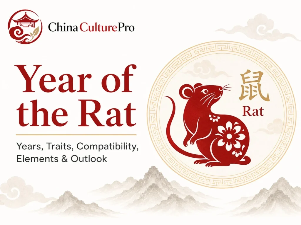 Year of the Rat Chinese zodiac cover with rat symbol, years, traits, compatibility, and elements