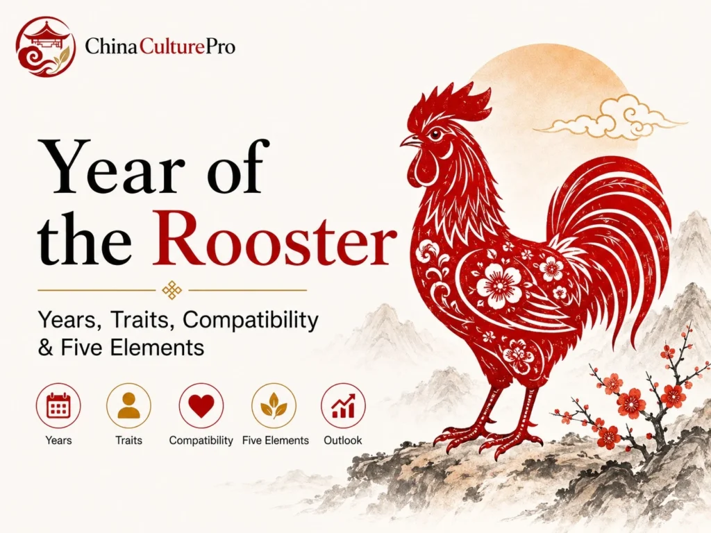 Year of the Rooster Chinese zodiac cover with red paper cut rooster, years, traits, compatibility, and Five Elements