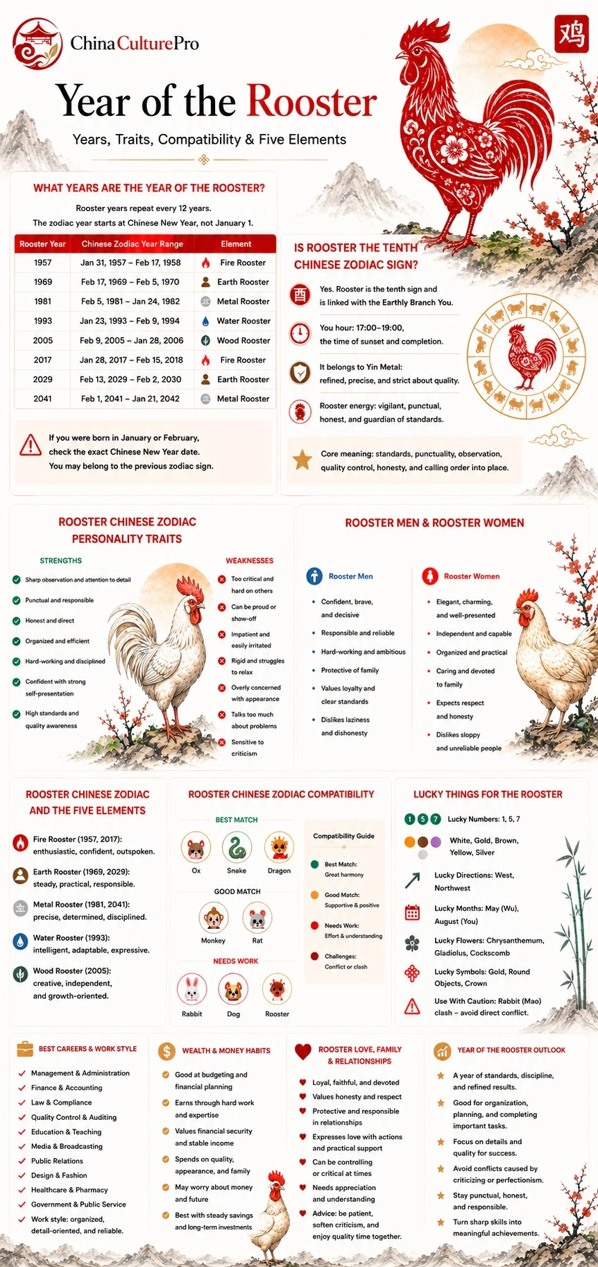 Year of the Rooster infographic showing Rooster years, personality traits, Five Elements, compatibility, lucky signs, careers, wealth, and relationships Year of the Rooster infographic showing Rooster years, personality traits, Five Elements, compatibility, lucky signs, careers, wealth, and relationships