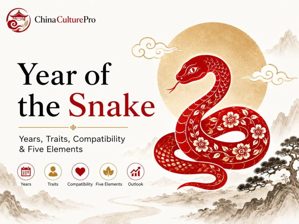 Year of the Snake Chinese zodiac cover with red paper cut snake, years, traits, compatibility, and Five Elements