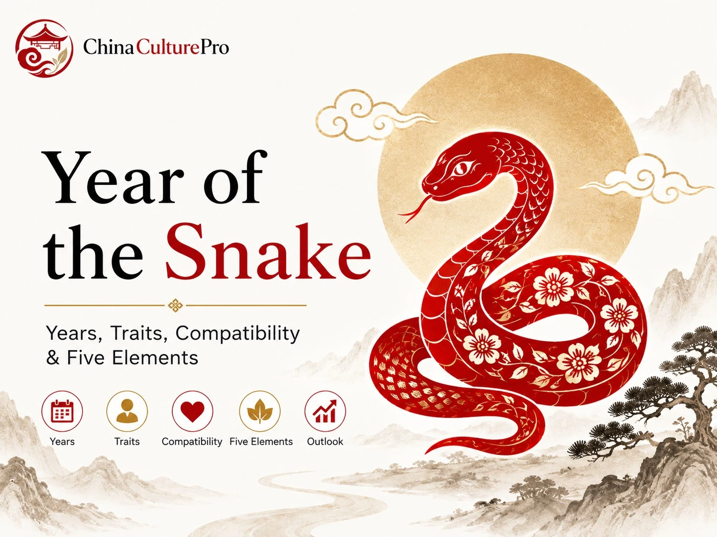 Year of the Snake Chinese zodiac cover with red paper cut snake, years, traits, compatibility, and Five Elements
