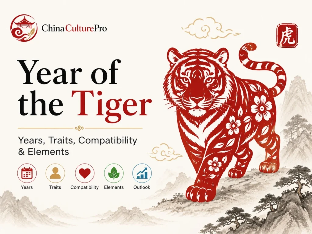 Year of the Tiger Chinese zodiac cover with tiger symbol, years, personality traits, compatibility, and Five Elements