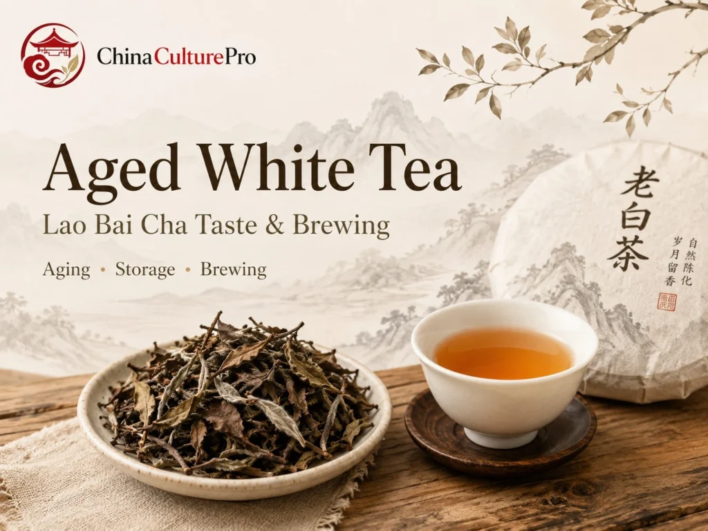 Aged White Tea guide with Lao Bai Cha leaves, amber liquor, wrapped tea cake, and misty mountains