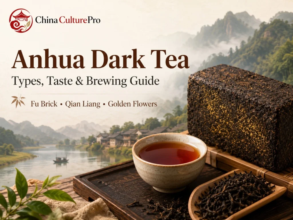 Anhua Dark Tea guide with Fu Brick tea golden flowers reddish liquor and misty Hunan mountains